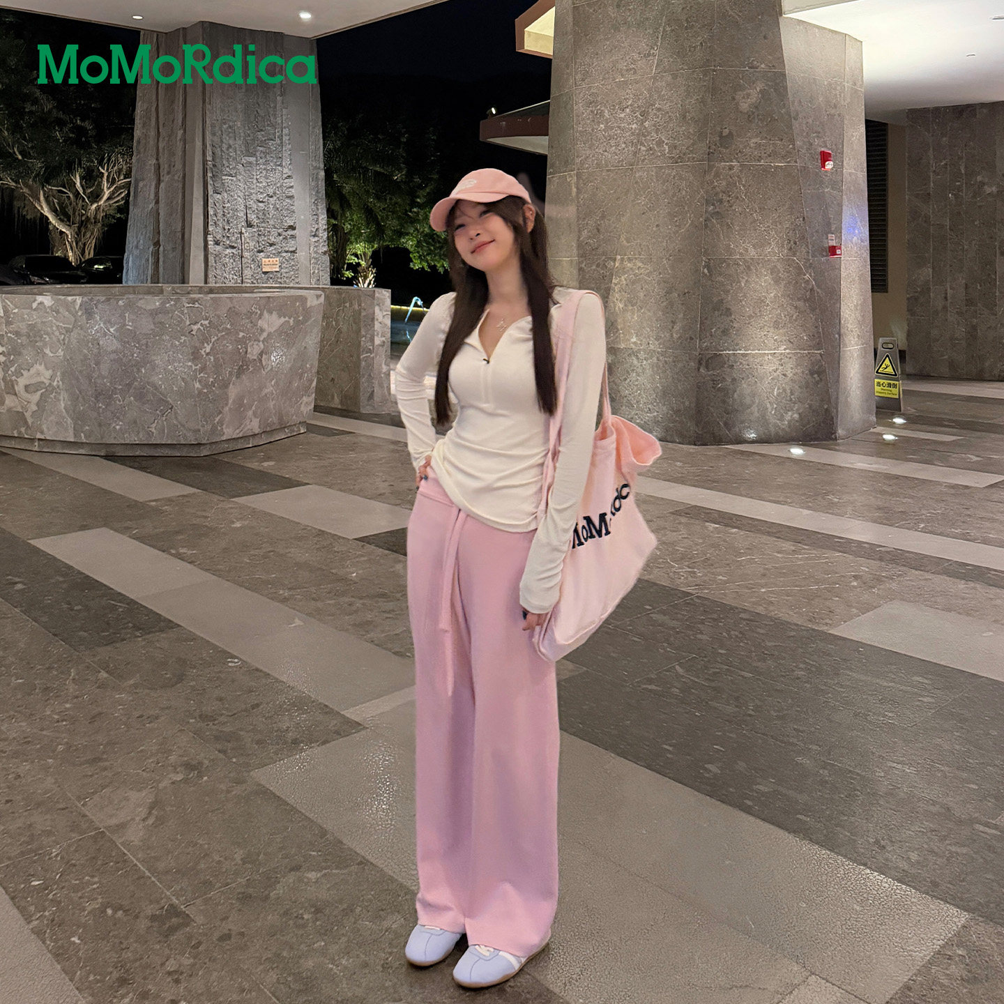Momordica 夏季粉色运动长裤卫衣裤豆乳裤休闲长裤针织长袖上衣女