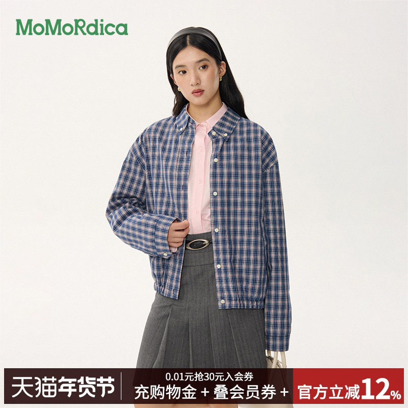 MoMoRdica2025秋季女夹克复古蓝格纹外套棉防风休闲加厚