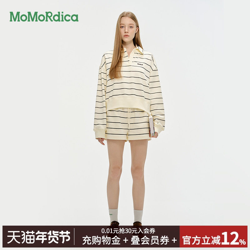 【清仓】Momordica新款2025秋宽松POLO领条纹上衣短