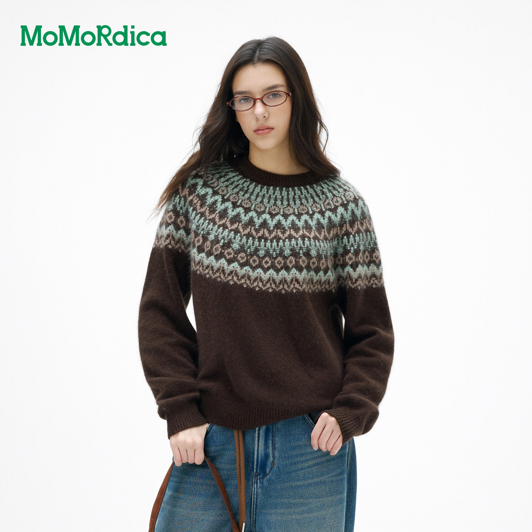 Momordica费尔岛提花插肩袖圆领套头毛衣/开衫毛衣女
