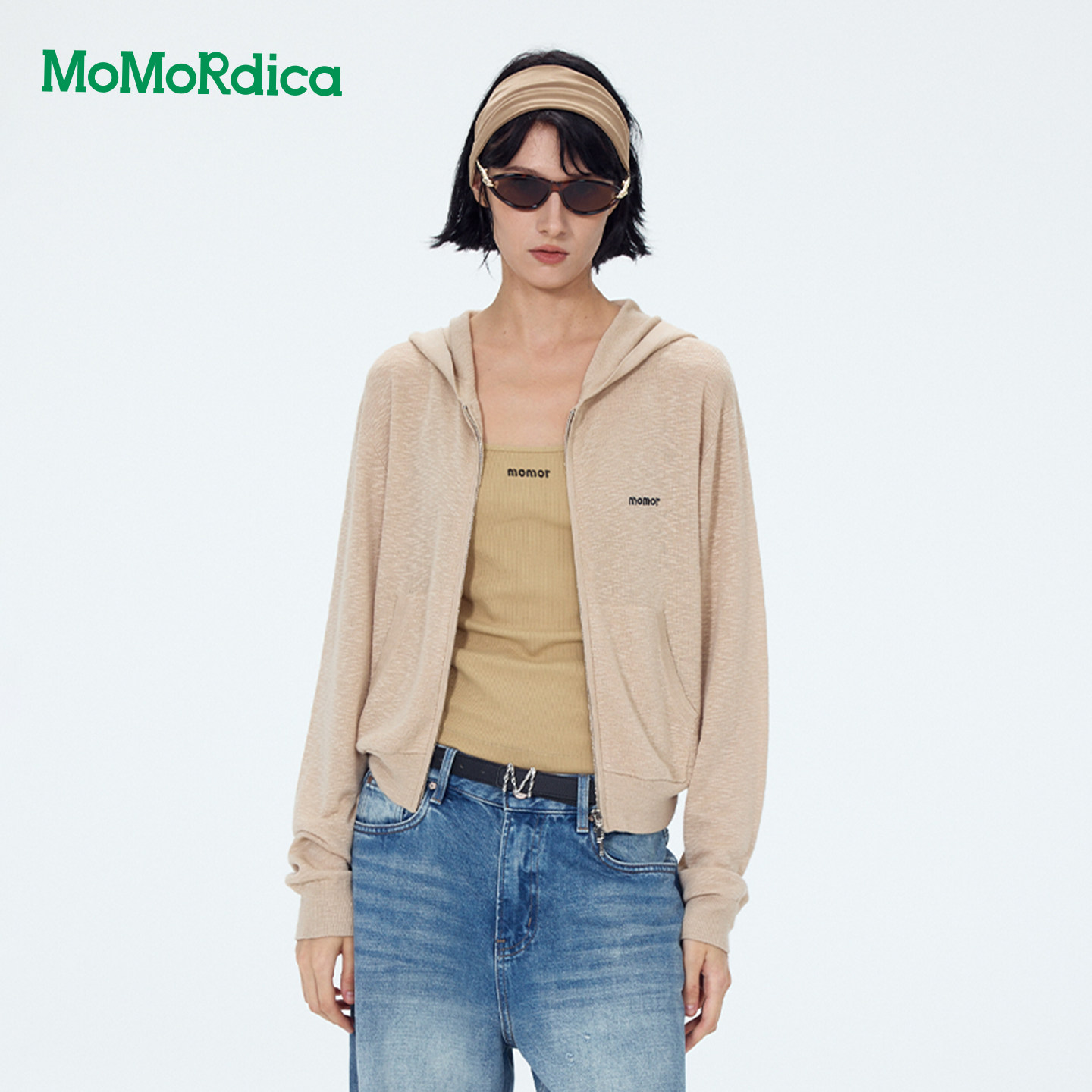 Momordica2026夏季新款收腰短款仿麻竹节纱连帽薄针织开衫女上衣