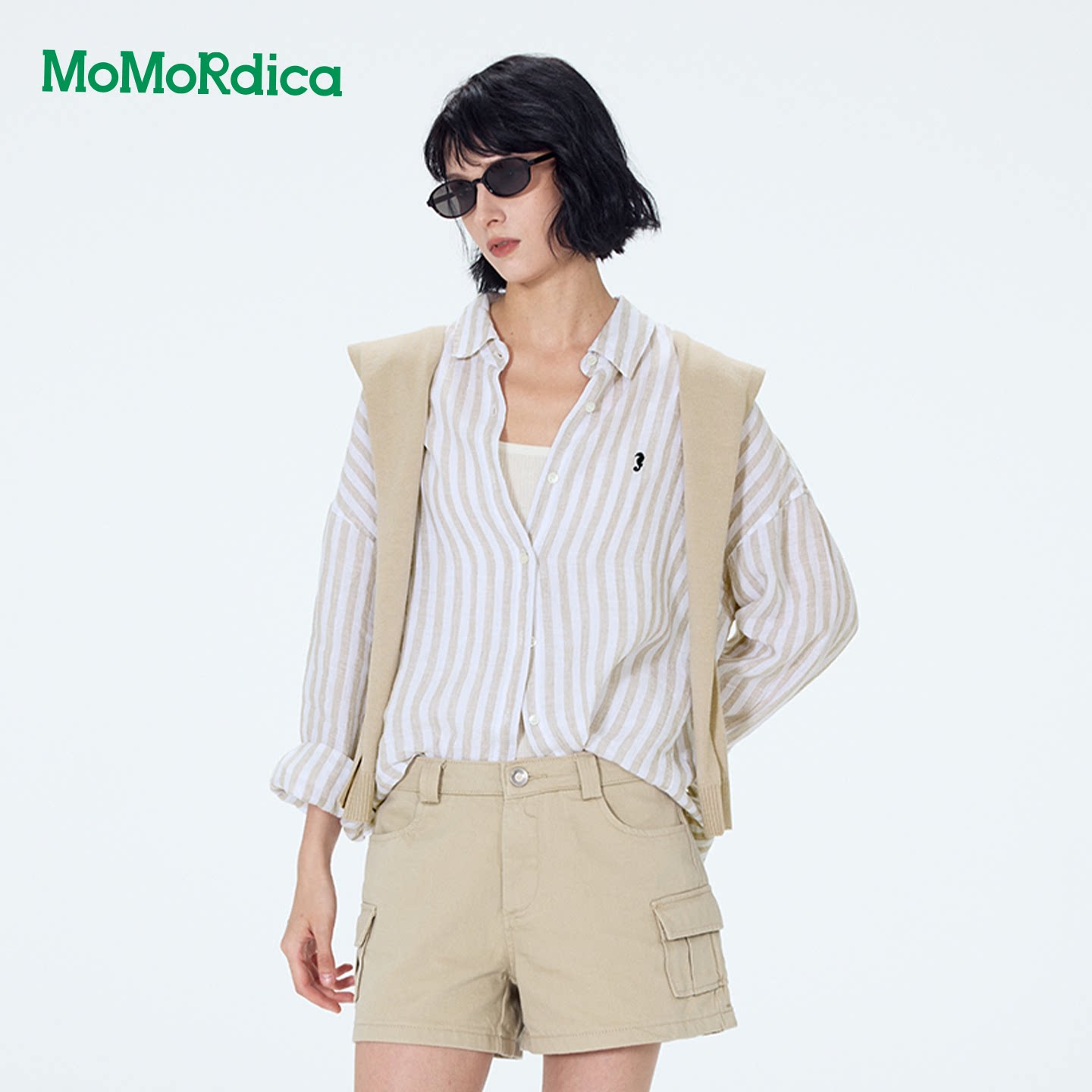 Momordica2026早春新款宽松舒适撞色粗条纹麻料衬衫女百搭上衣夏