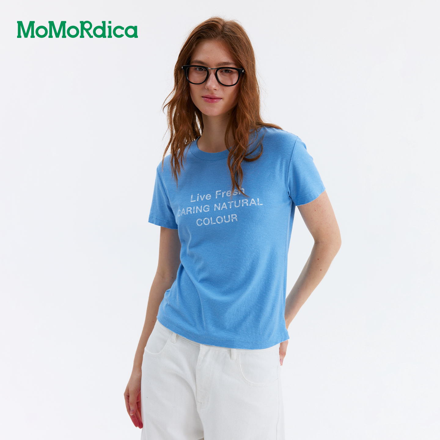 Momordica做旧磨破修身短袖T恤女夏季字母印花直筒显瘦百搭上衣女