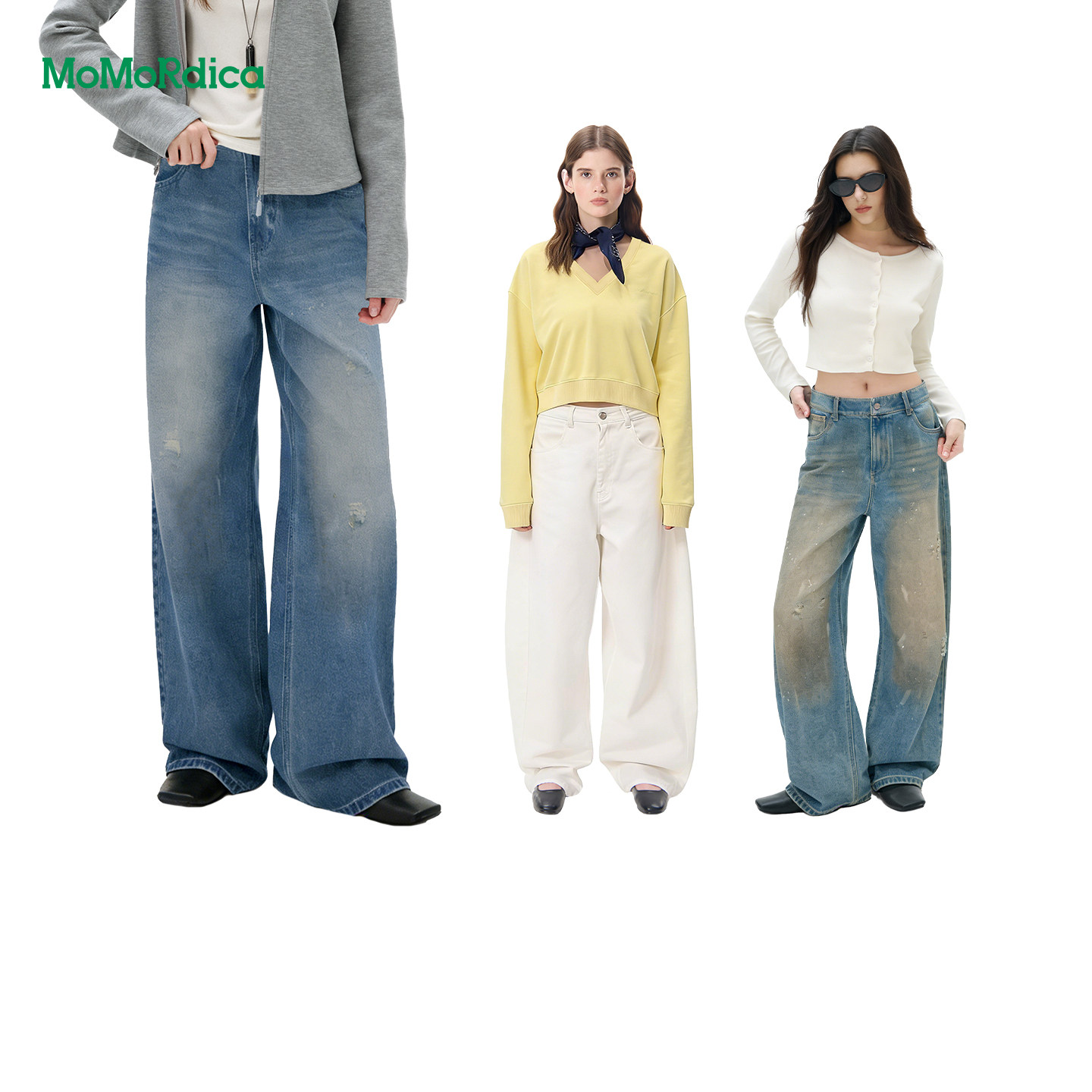 Momordica  做旧破洞牛仔裤2026年春季休闲长裤白色牛