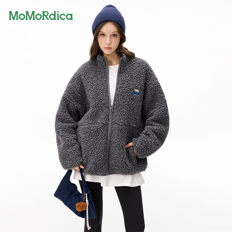 momordica羊羔毛外套女冬季加厚宽松型慵懒风外衣绵羊毛短款上衣