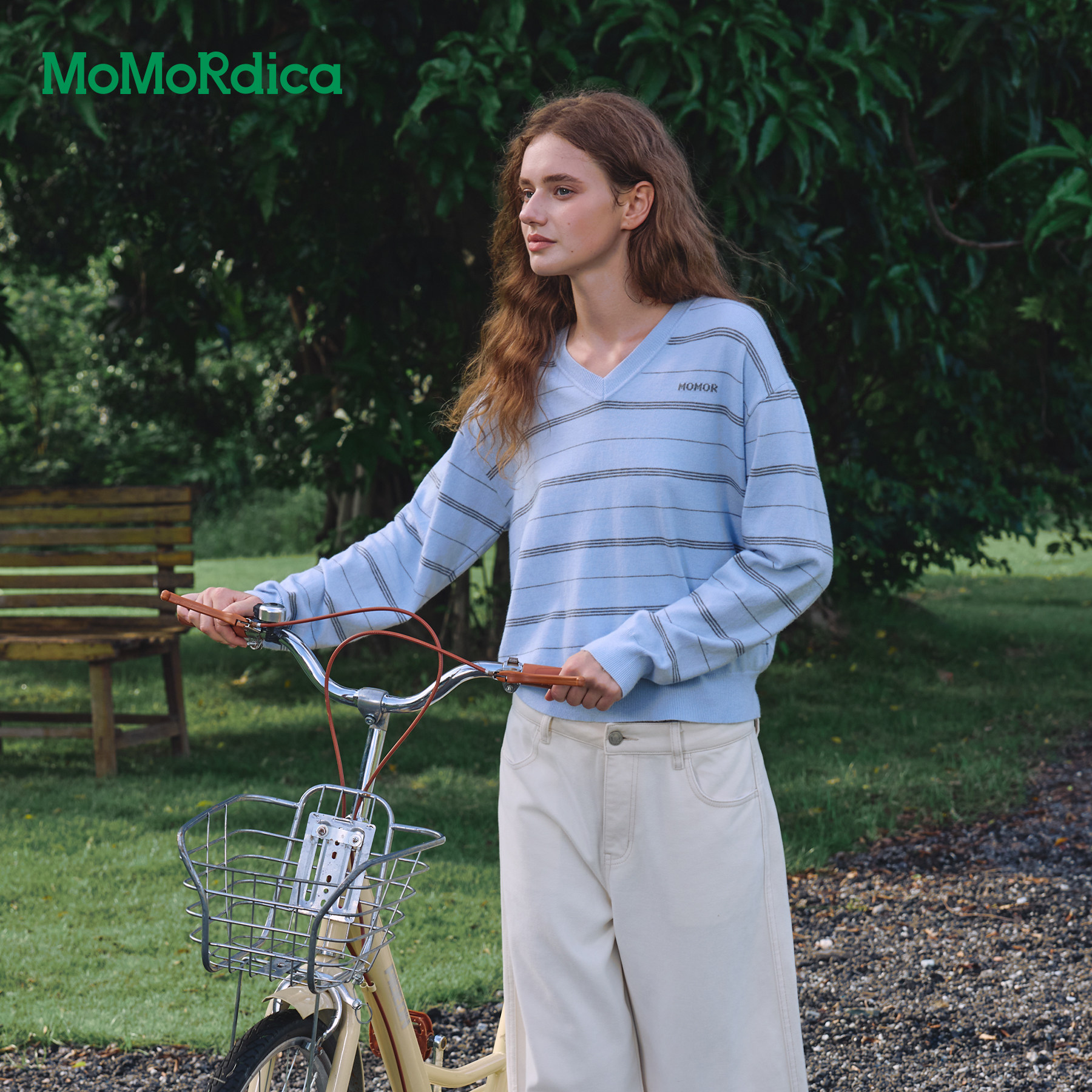 Momordica V领套头毛衣26秋新款休闲时尚撞色条纹宽松显瘦上衣女