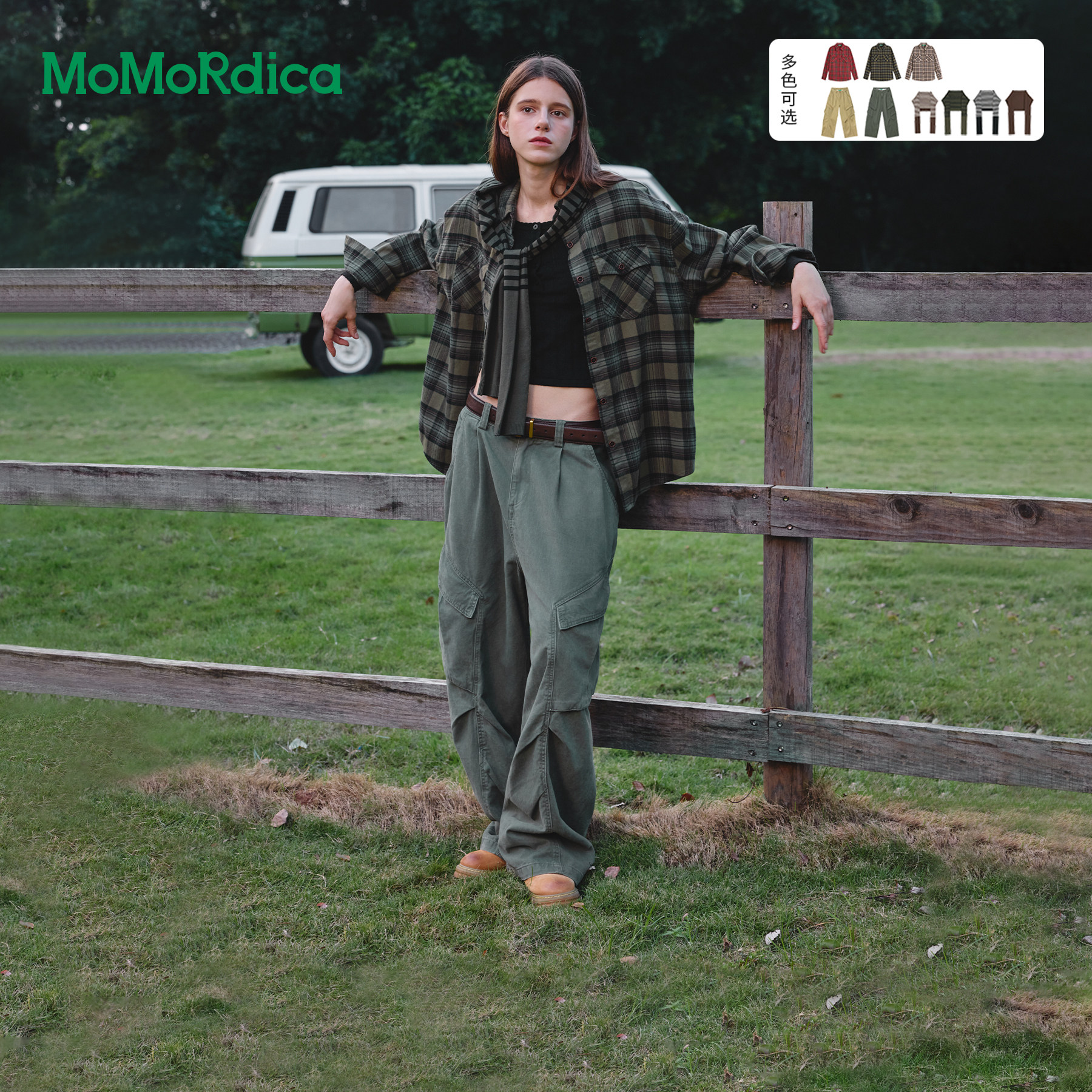 Momordica 格纹长袖衬衣/条纹披肩/美式工装裤