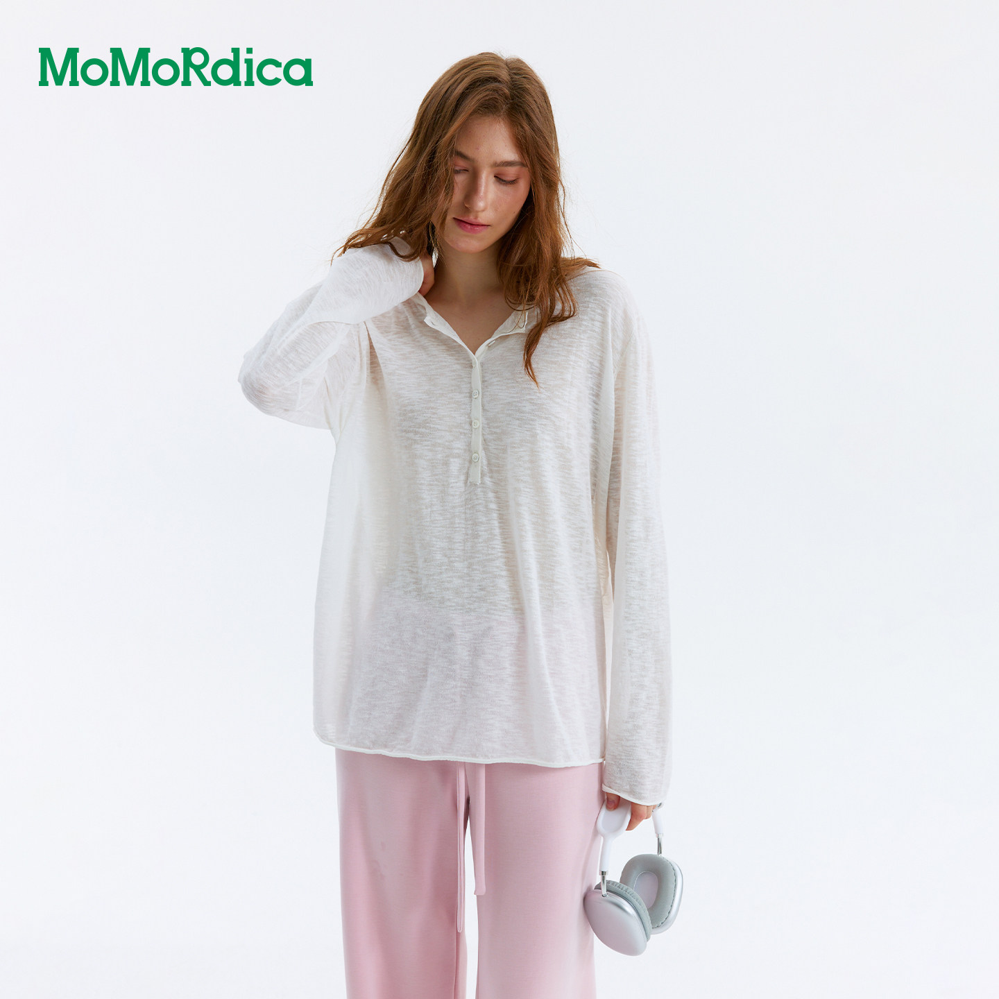 Momordica亨利领纯色针织衫夏季新款休闲宽松显瘦薄款长袖上衣女