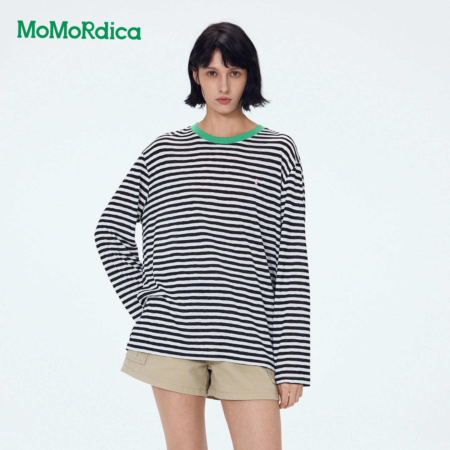 Momordica时尚撞色经典条纹宽松长袖薄T恤女上衣