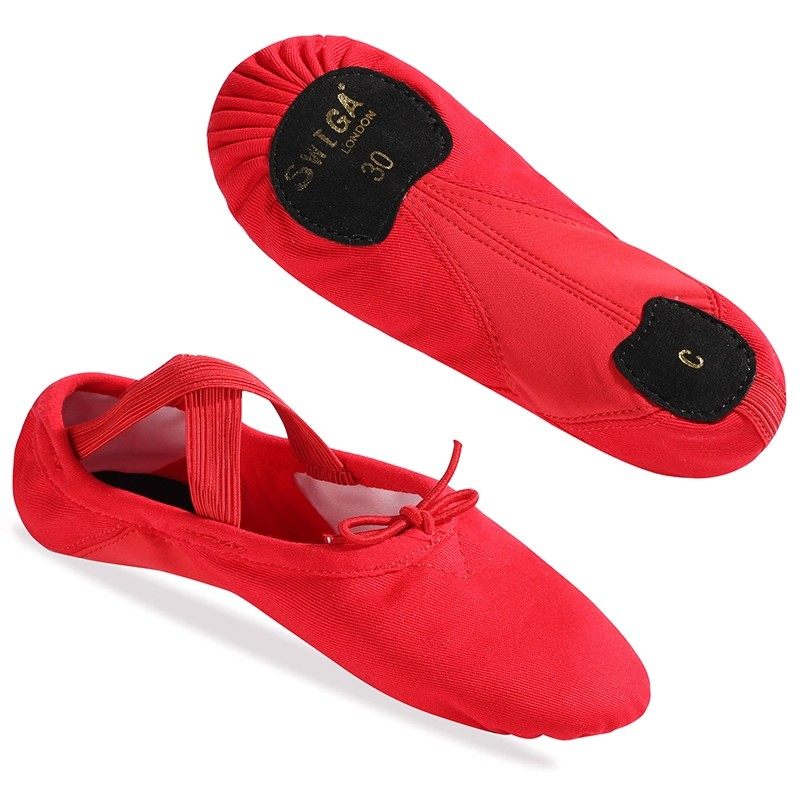 swiga红色舞蹈鞋帆布儿童女棉微弹软底芭蕾鞋成人舞形体系带款