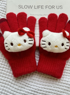 kitty猫儿童手套保暖可爱女童凯蒂猫全指玩偶卡通防寒小学生红色