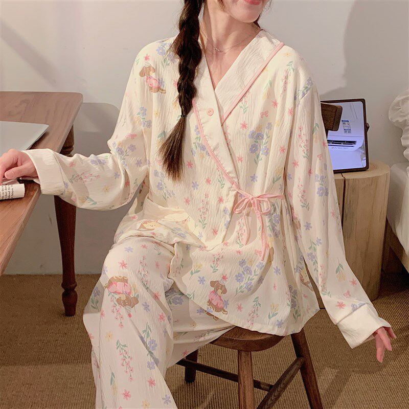 孕妇睡衣女夏季薄款怀孕期待产云朵棉和服月子服带胸垫产后哺乳衣