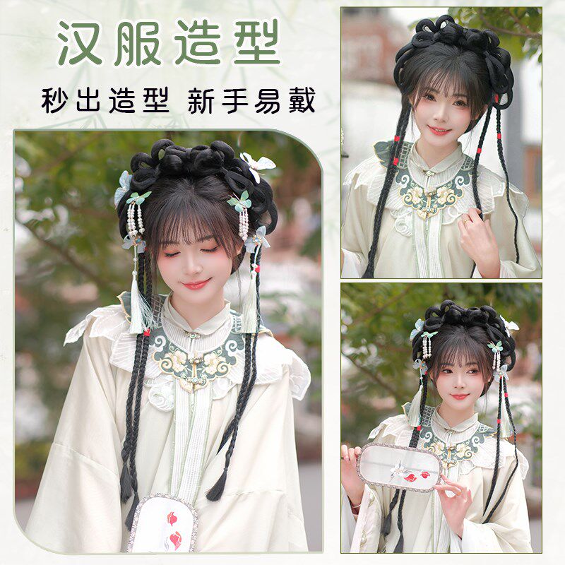 汉服假发包一体古装翩翩蝴蝶结辫子成品造型古风仙气可爱垫发发包