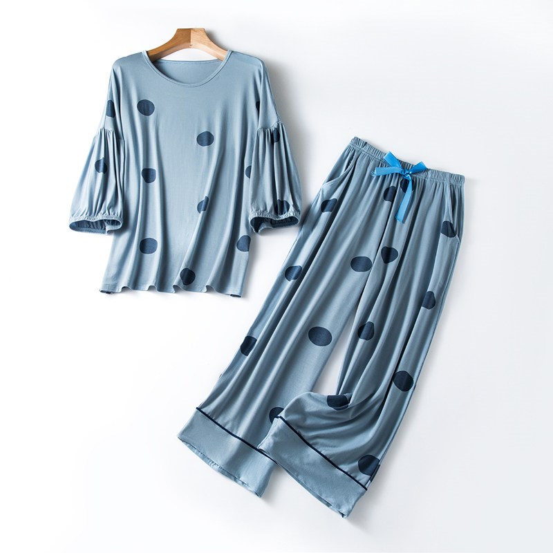 夏季女士印花圆领莫代尔七分袖七分裤韩版家居服两件套睡衣套装