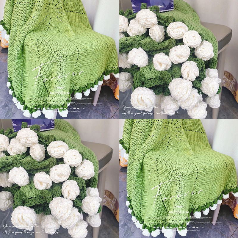 玫瑰花束毯子毛线手工编织钩针diy材料包针织铃兰花毛毯礼物解闷