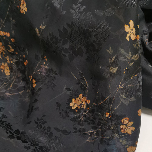 重磅黑底小花香云纱布料花萝透孔桑蚕丝旗袍真丝面料真丝布料
