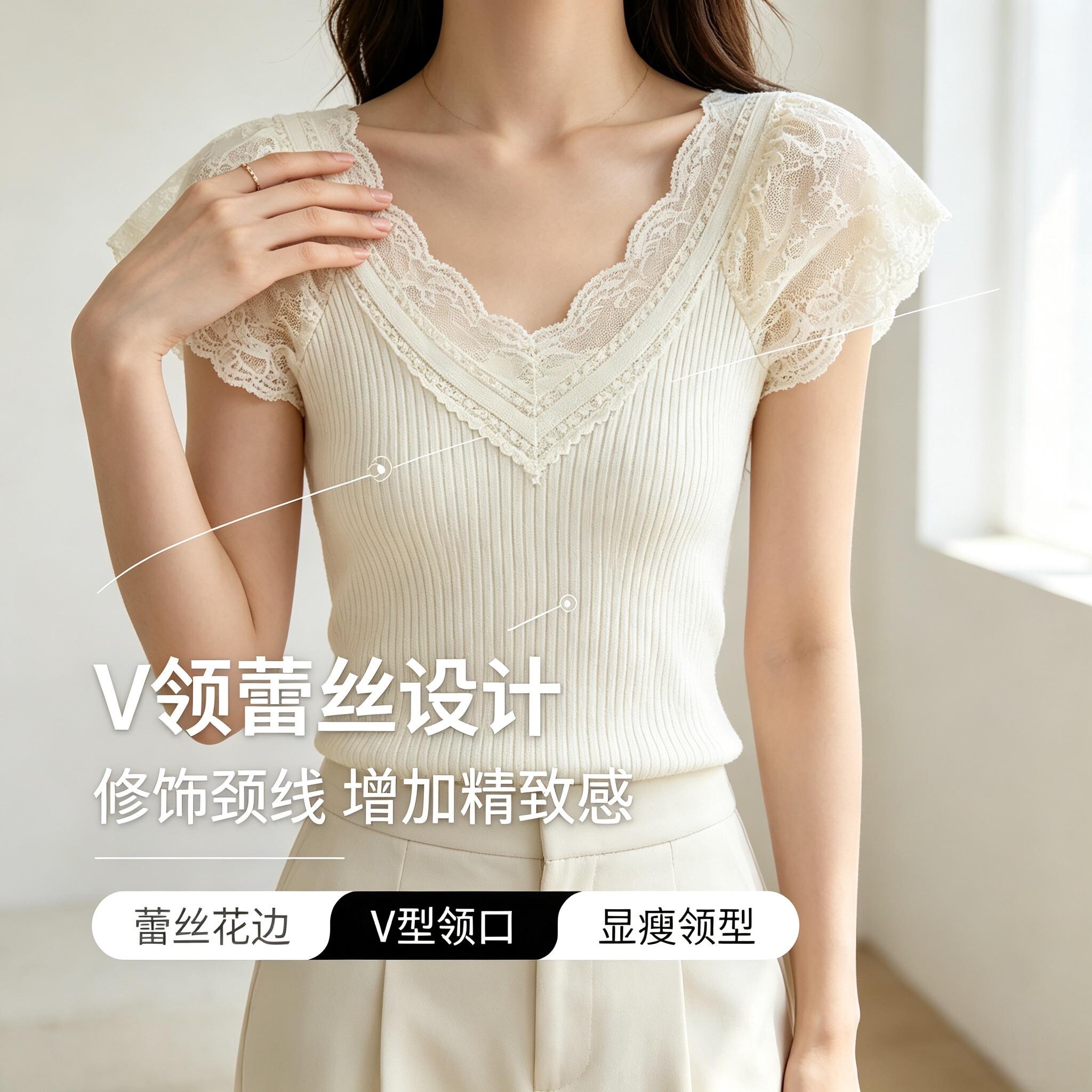 法式V领蕾丝拼接修身短袖针织衫