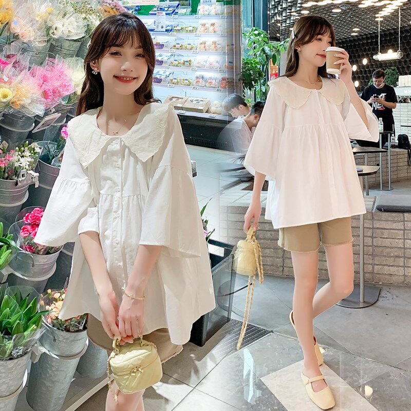 新品孕妇夏c装套装2025新款时尚遮肚遮屁股早春季娃娃衫衬衫上衣