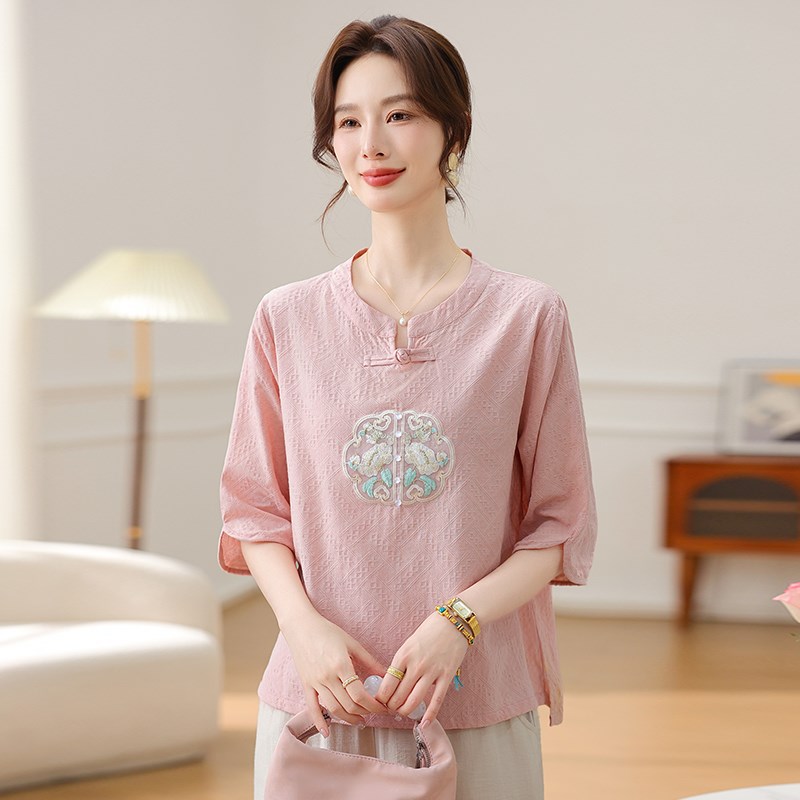 速发2025新款中老年女装国风新中式妈妈夏装上衣洋气七分中袖棉麻