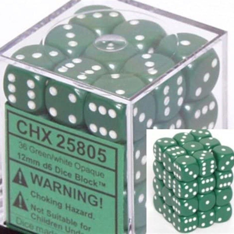 极速Chessex Opakque 12mm d6 Green w/White Dice Block 36 Dice