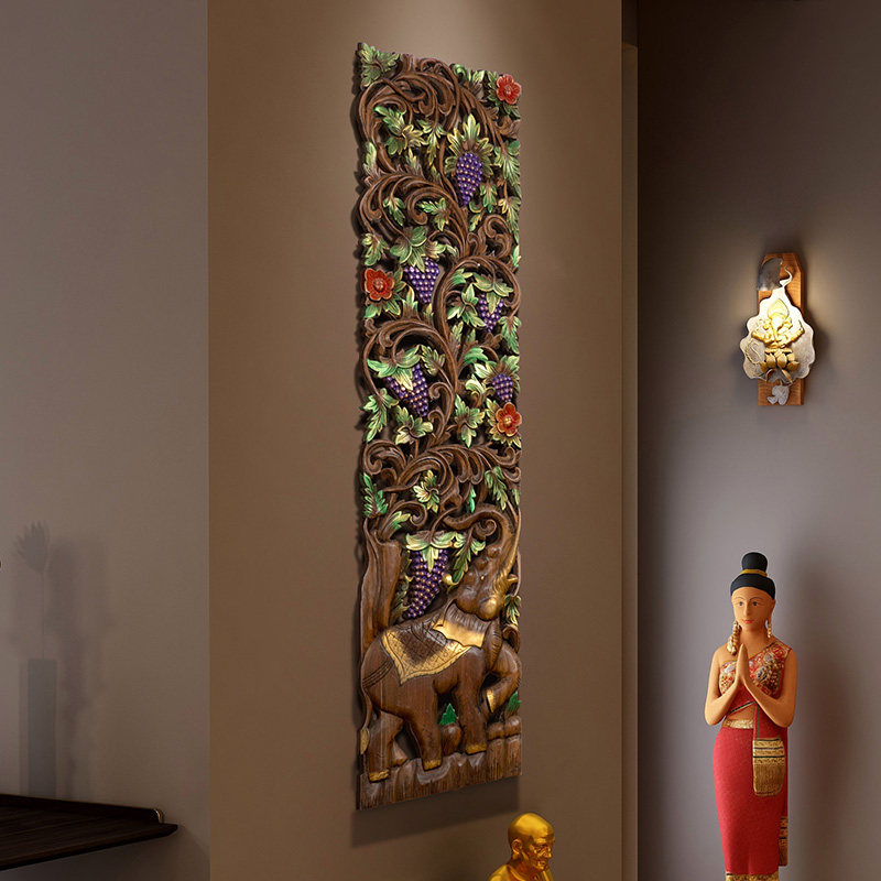 极速泰国木雕挂件实木雕花板东南亚风格客厅背景大U象墙饰餐厅装