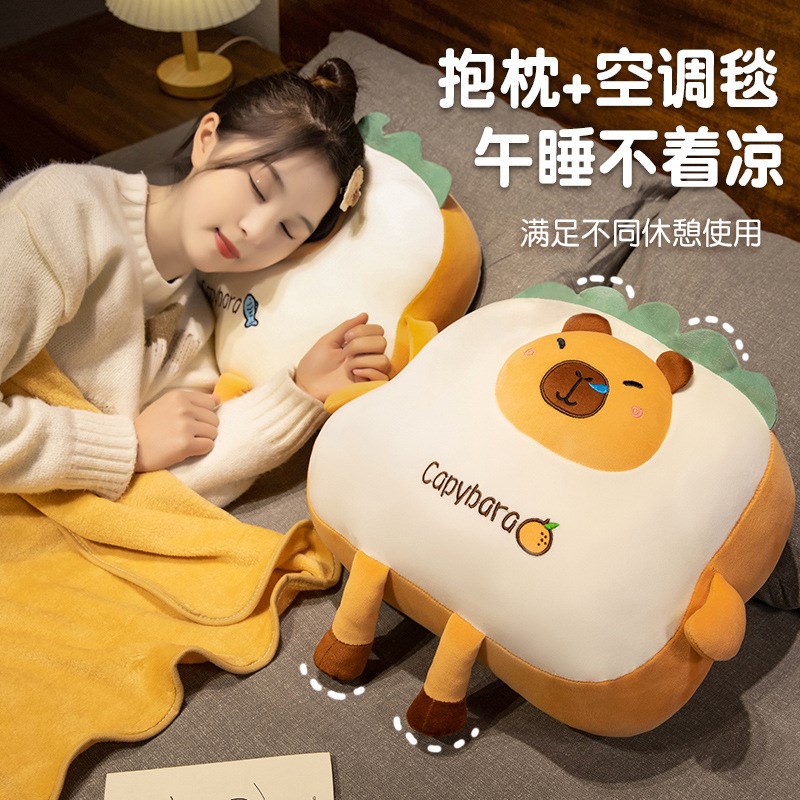 极速吐司水豚抱枕毯子二合一w办公室靠背午睡枕被子两用车载靠枕
