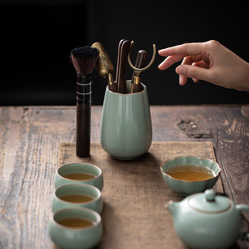 新品汝窑功夫茶具实木茶道w茶工具茶艺六君子套装泡茶配件收纳筒