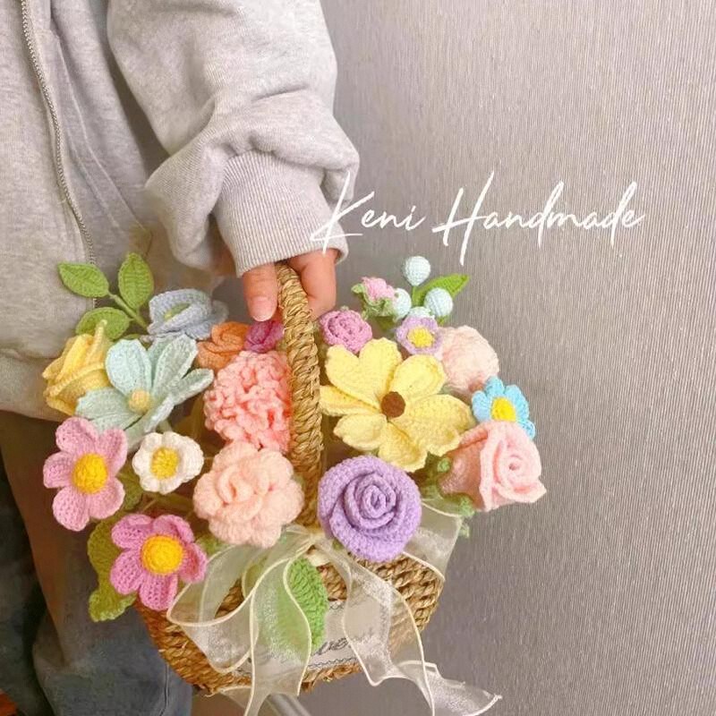 极速母亲节手工礼物mdiy编织玫瑰郁金香带花篮钩织材料包自制成品