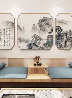 极速新中式装饰画中国风三联客厅沙发背景墙挂画古V风茶室饭店红