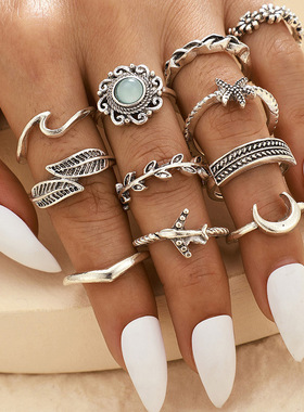 极速New Moon hhollow flower leaf joint ring retro accessorie