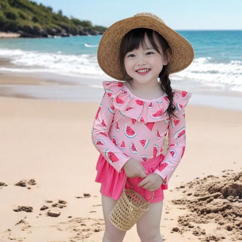 儿童泳衣女孩分体长袖防晒可爱甜美小公主平角裙裤中小童游泳装