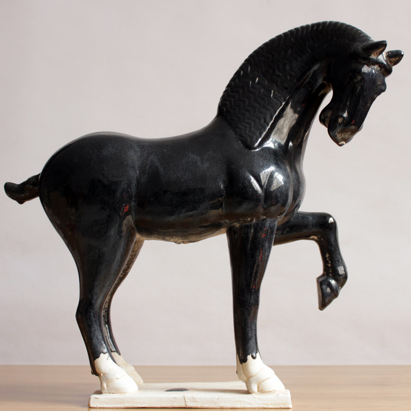 高超仿古b唐三彩艺术品陶瓷马摆件古玩收藏软装复古做旧野马抬腿