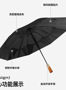 双人超大号雨伞106cm记忆贴片免C折叠秒收反向黑胶防晒伞高级实木