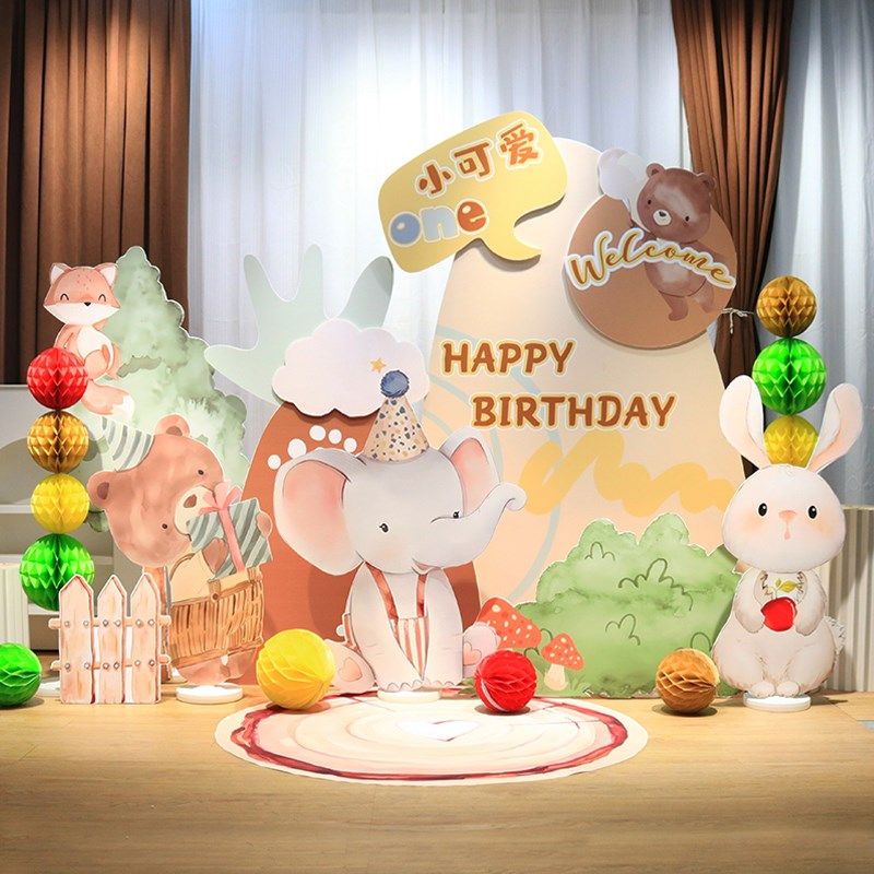 森系宝宝周岁生h日场景布置装饰满月酒百天宴男女手绘动物kt板定
