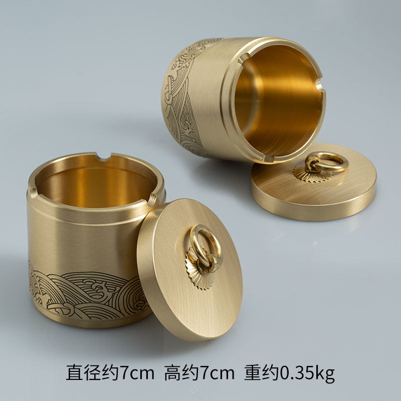 创意黄铜烟灰缸带盖雕花福t桶铜缸定制礼品纯铜笔筒办公桌装饰摆