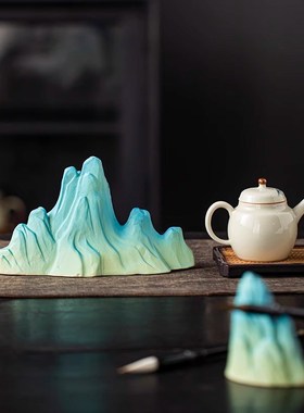 新中式鱼缸雪山造景石头微景观陶瓷假山流O水摆件枯山水只此青绿