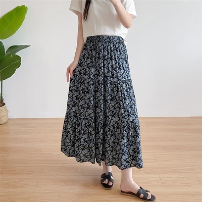夏季棉绸连衣裙女薄n款宽松显瘦碎花人造棉半身裙百搭大摆裙沙滩