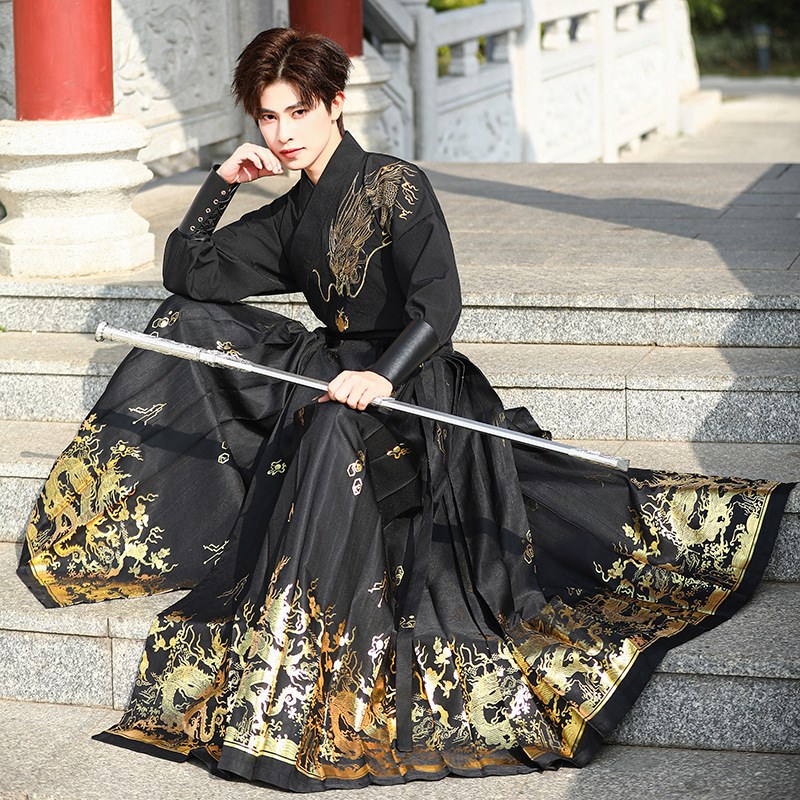 新中式马a面裙汉服男款套装中国风刺绣交领武侠帅气演出服古装秋