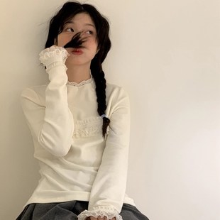 笺一 秋冬新款白j色打底衫女拼接蕾丝花边长袖纯色内搭百搭T恤上