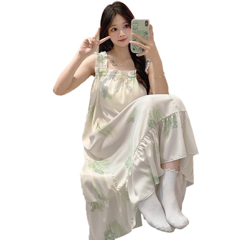 吊带睡裙带胸垫冰丝睡衣女夏季薄款凉感女士碎花丝绸家居服可外穿