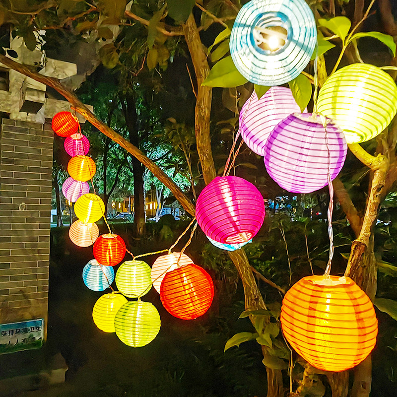 户外防水绸布小灯笼连串彩色太阳能新年元宵节花园挂树上布置装饰