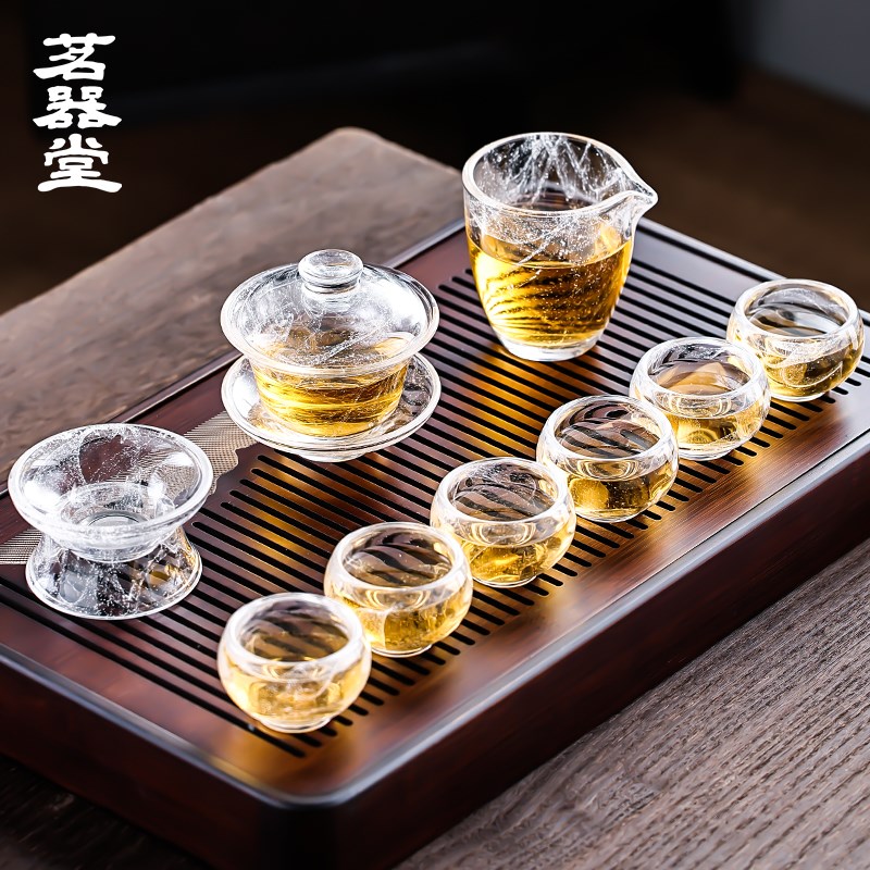 飘花水晶茶具套装盖碗茶杯泡茶用品玻璃功夫茶具整套高档礼盒送礼
