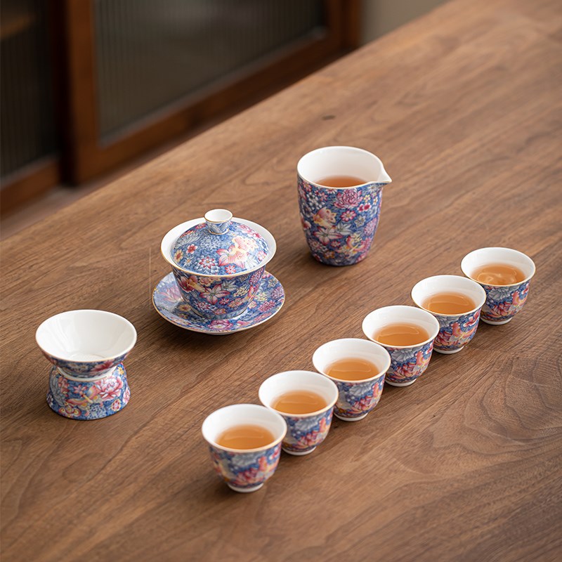 珐琅彩百花齐放功夫茶具套装轻奢高级泡茶工具新款陶瓷盖碗泡茶器