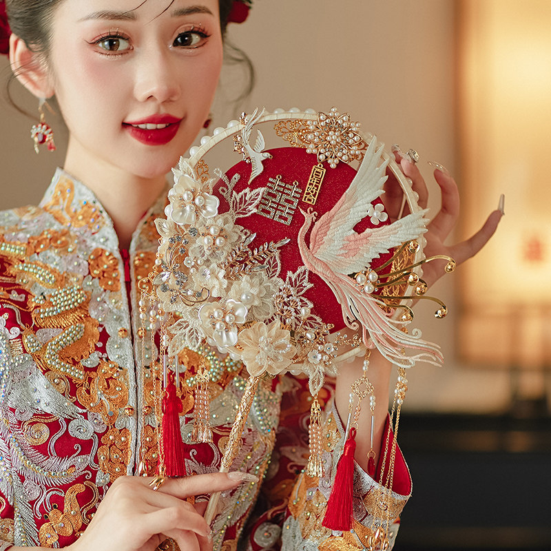 中式新娘团扇 结婚diy材料包香槟秀禾扇手工喜扇高端礼物成品红扇