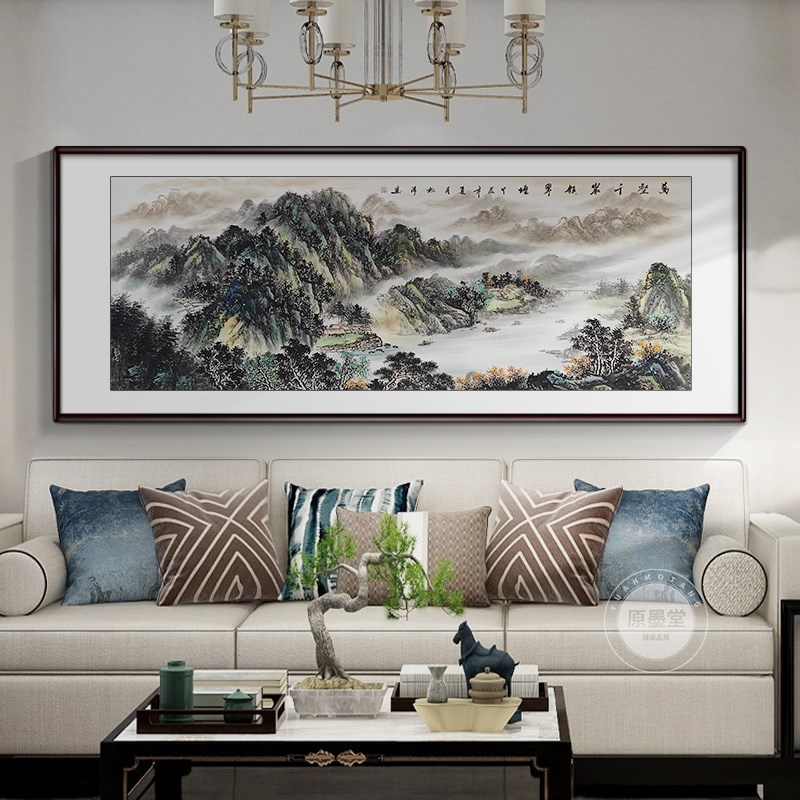 国画手绘真迹中式客厅挂画办公室装饰画西墙聚财山水画靠山图壁画