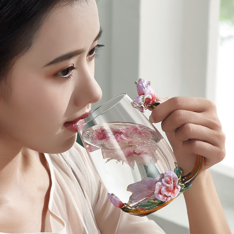 珐琅彩水杯女生高颜值水晶玻璃杯花茶杯女粉色设计感小众带花杯子