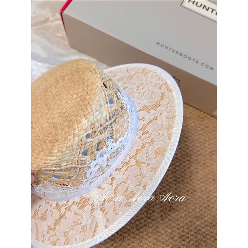 春夏法式蕾丝拉菲草平顶帽女复古草编赫本风出游防晒遮阳草帽5002