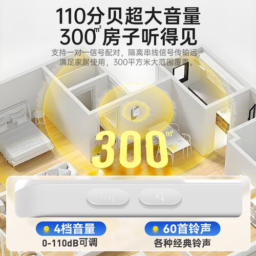 办公室无线门铃公司大门商用超远距离大音量叮咚自发电防水按铃器