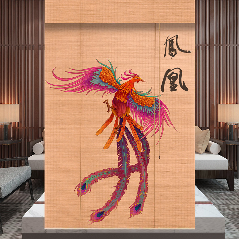 竹帘卷帘中国风印花办公室遮阳飘窗阳光房遮光茶室装饰窗帘