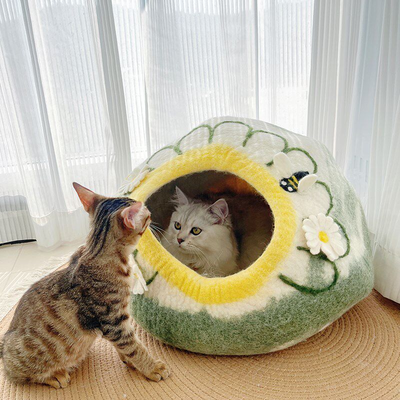 【纯手工】羊毛猫窝毛毡冬季保暖可爱半封闭式安全感冬日猫屋幼猫